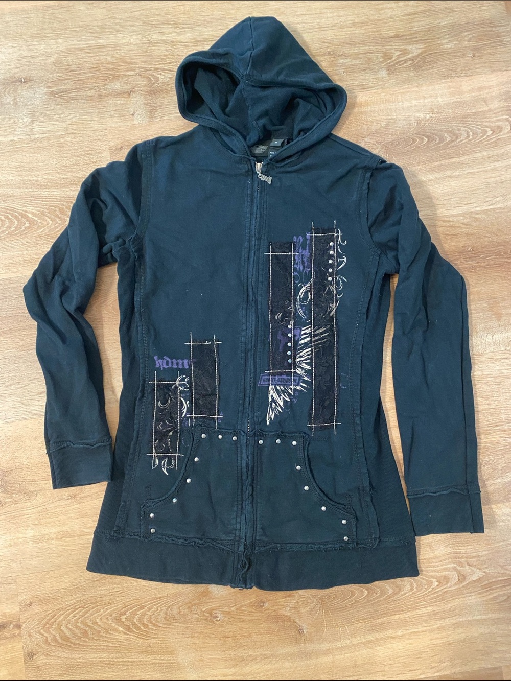 Harley Davidson Black Hooded Zip Jacket with Stud and Print Accents - Medium